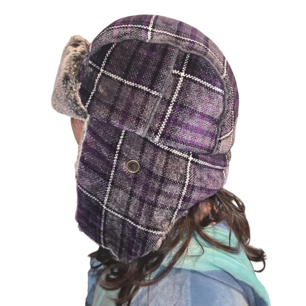 Woolrich Purple Plaid Faux Fur Trapper Hat, Unisex, OSFM
